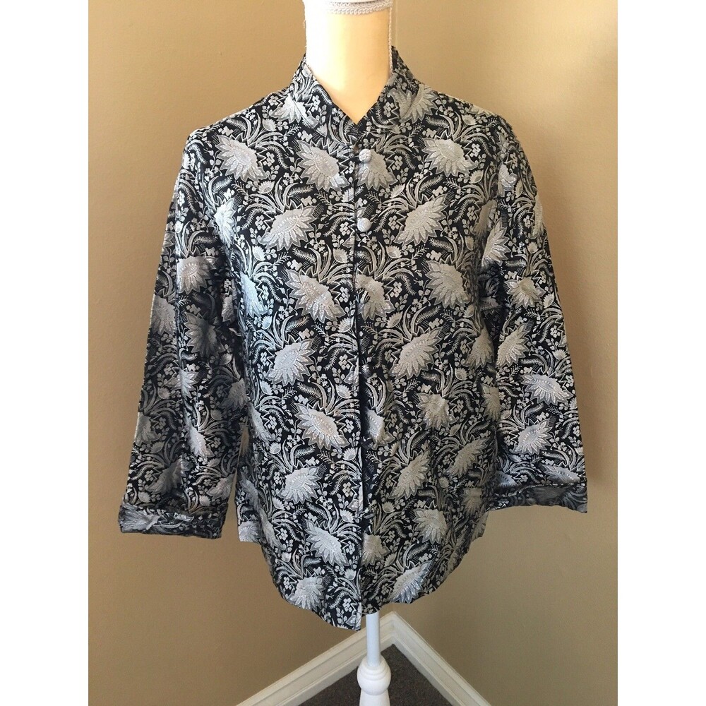 NWT Yi Lin Button Kimono Style Jacket Black/Gray/Silver Silk Blend SZ M